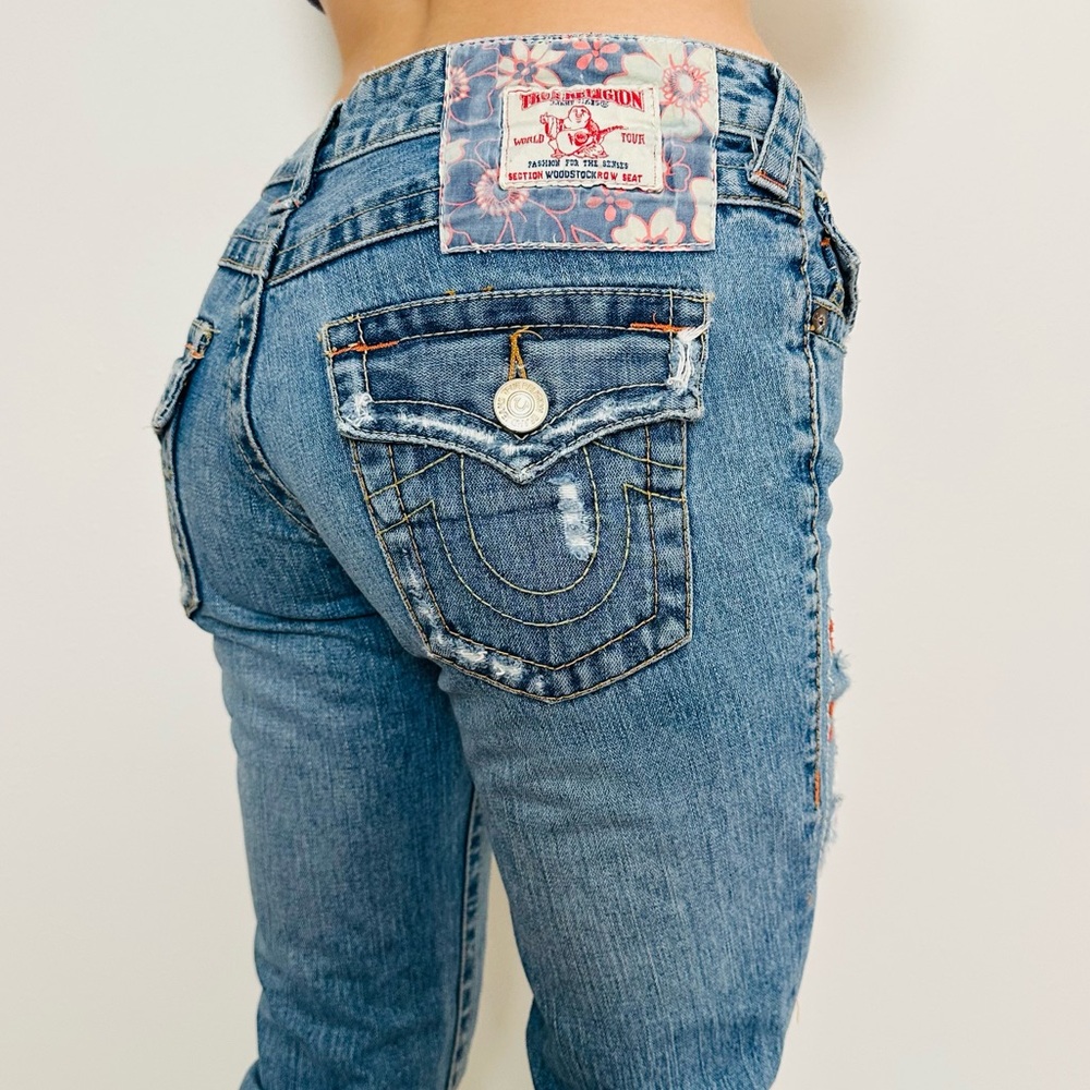 True Religion Low Rise Vintage Boho Patchwork Skinny Distressed Blue Jeans - Picture 6 of 16